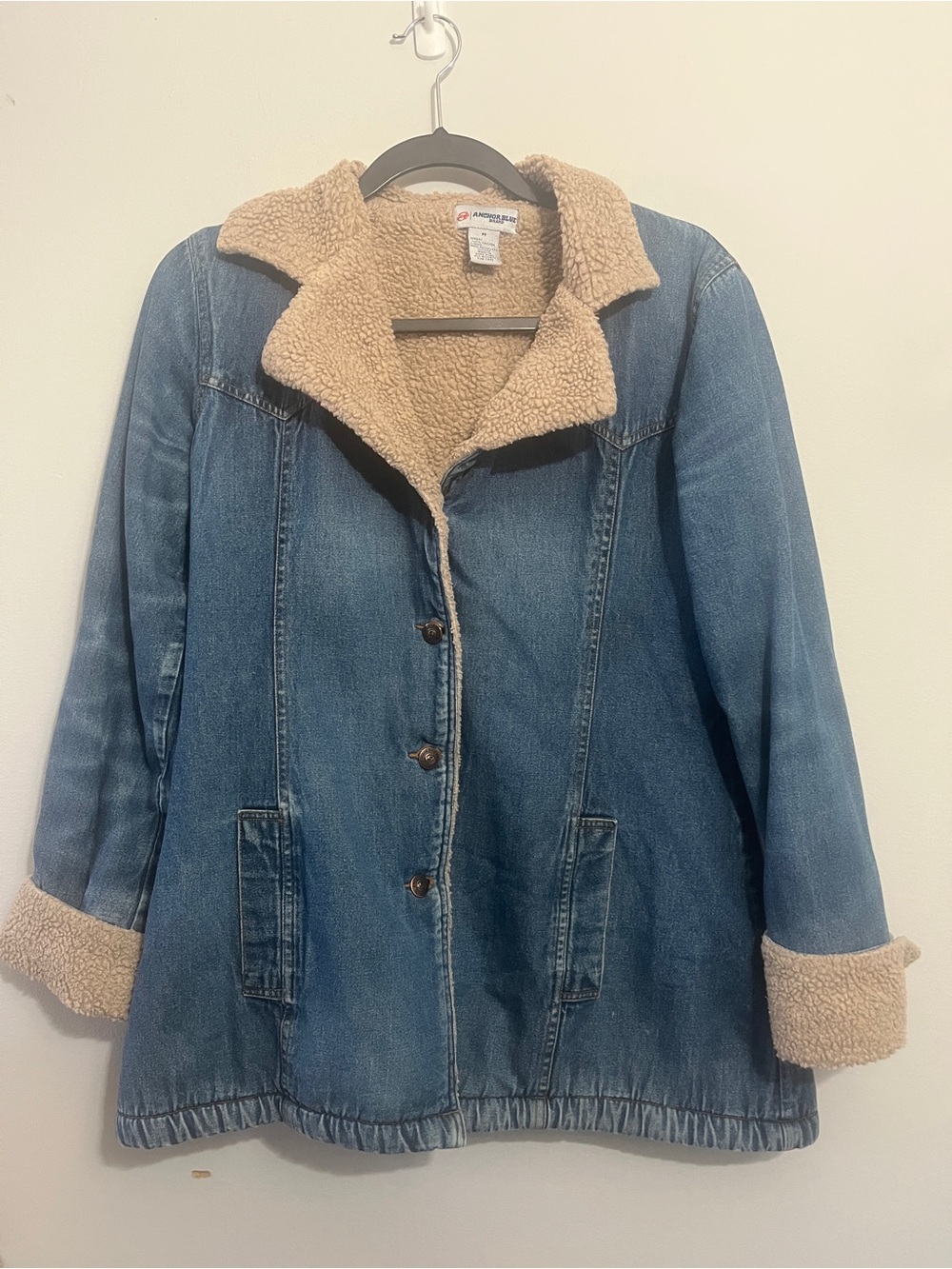 Anchor Blue Vintage Women Denim Jacket with Cream Sherpa Lining Size Medium